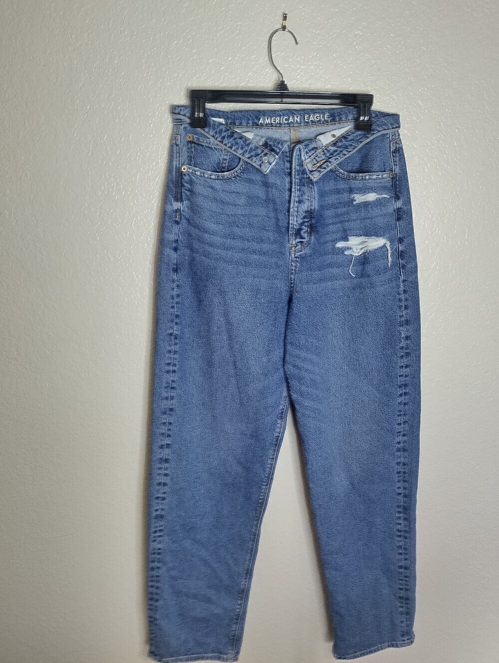 American Eagle Baggy Jeans Folded Waist Blue Ripped Distressed Cotton Denim Sz 6